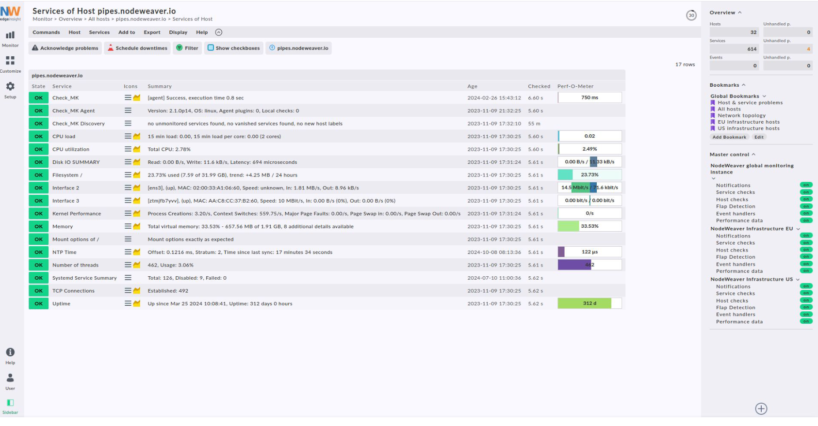 EdgeInsight monitoring — per-service checks of a single host with performance meters